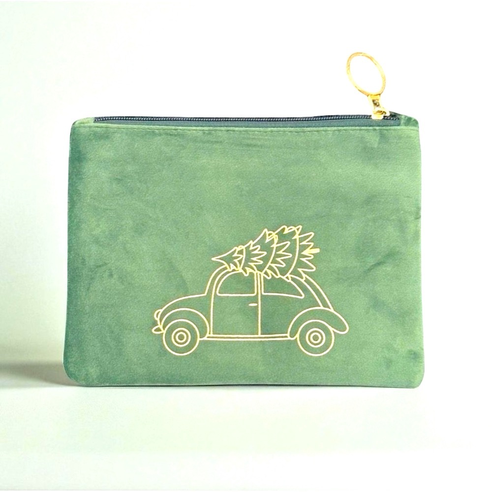 Holiday Clutch | Green Suede Xmas Bag with Gold Car & Tree | NWOT Giftable